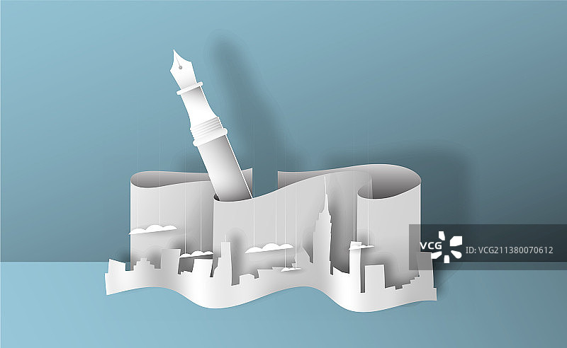 剪纸3D城市天际线风景图片素材