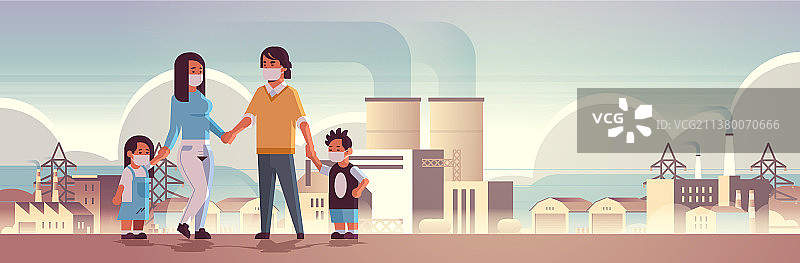 父母和孩子戴着口罩防毒气图片素材