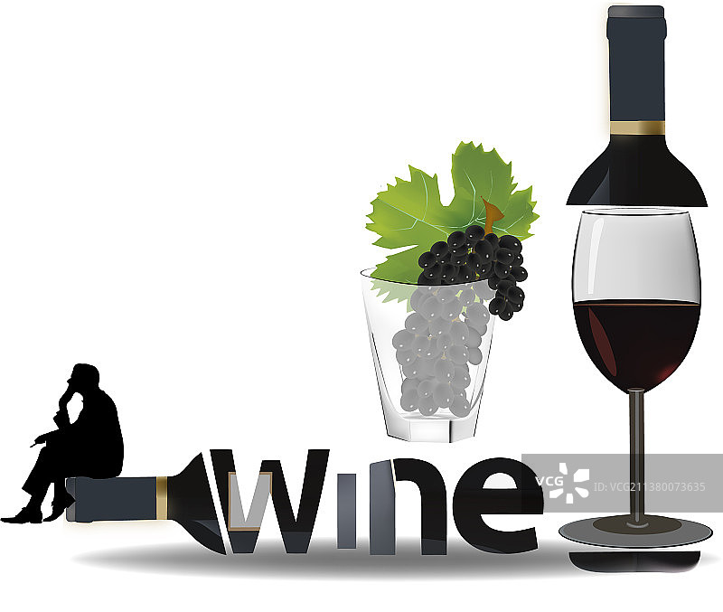 带有黑色葡萄葡萄酒符号的玻璃杯和瓶子图片素材