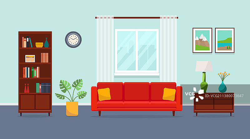 带红色沙发书柜落地灯的客厅图片素材