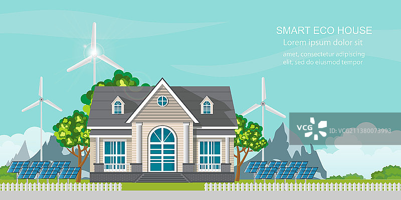 带太阳能电池板和风力发电的智能生态住宅图片素材