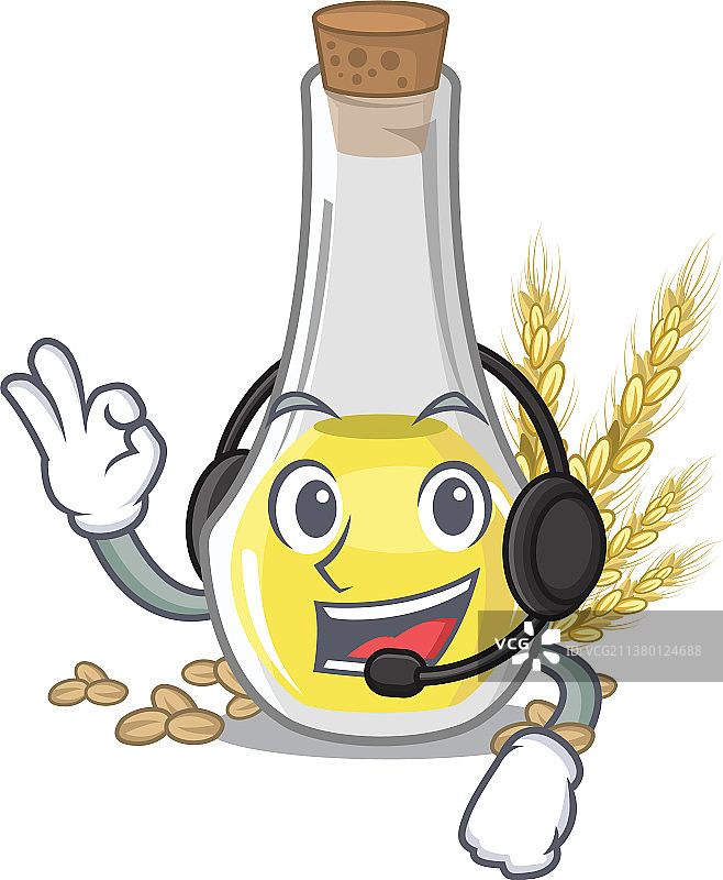 卡通桌上的戴耳机听音乐的小麦胚芽油图片素材