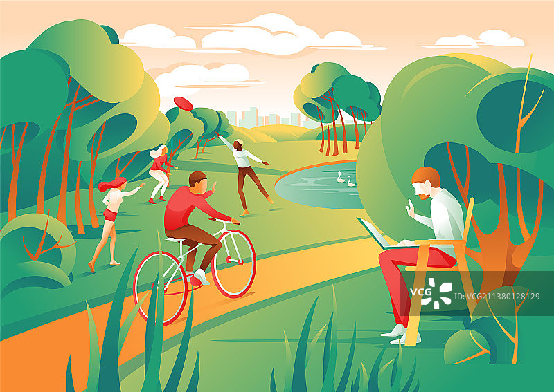 卡通人物城市公园玩飞盘骑自行车图片素材