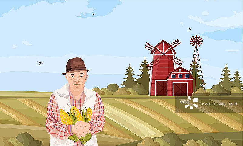 扁平风格的务农老人与有机农业图片素材
