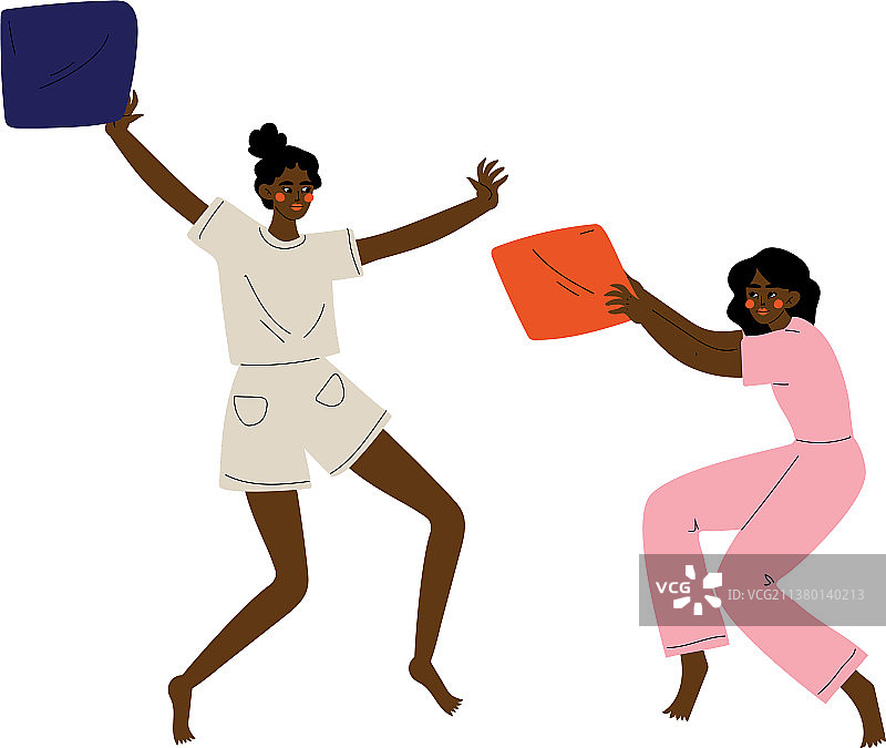 两个女孩穿睡衣玩枕头大战图片素材