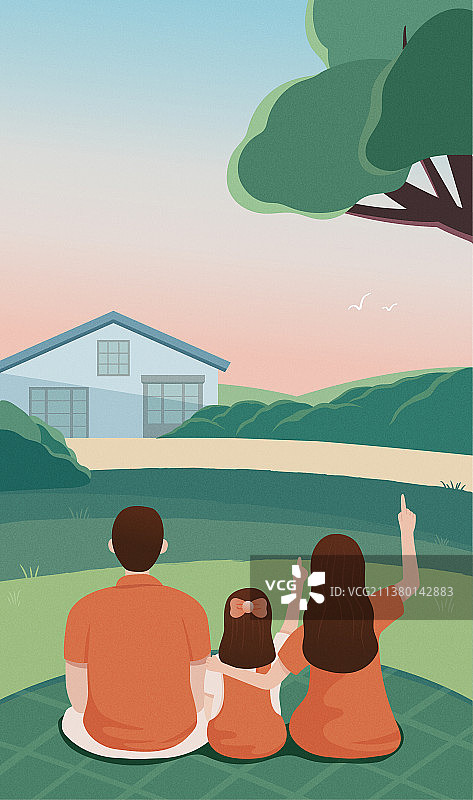 一家三口坐在草坪上的背影图片素材