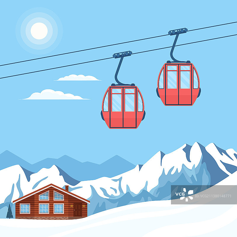 红色滑雪缆车，适用于滑雪者和单板滑雪者图片素材