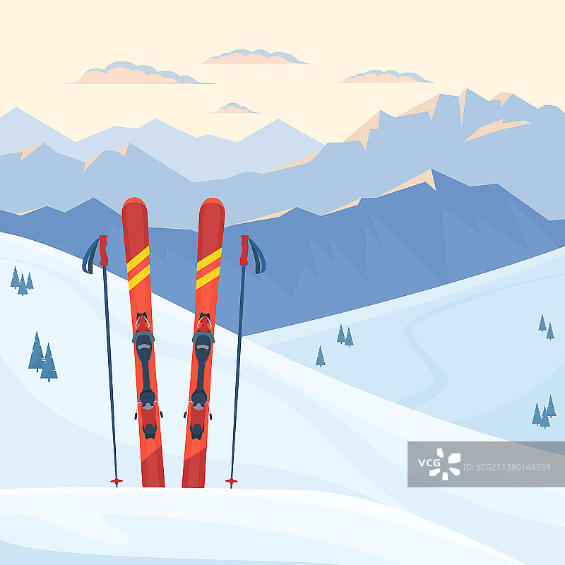 滑雪胜地的红色滑雪设备图片素材