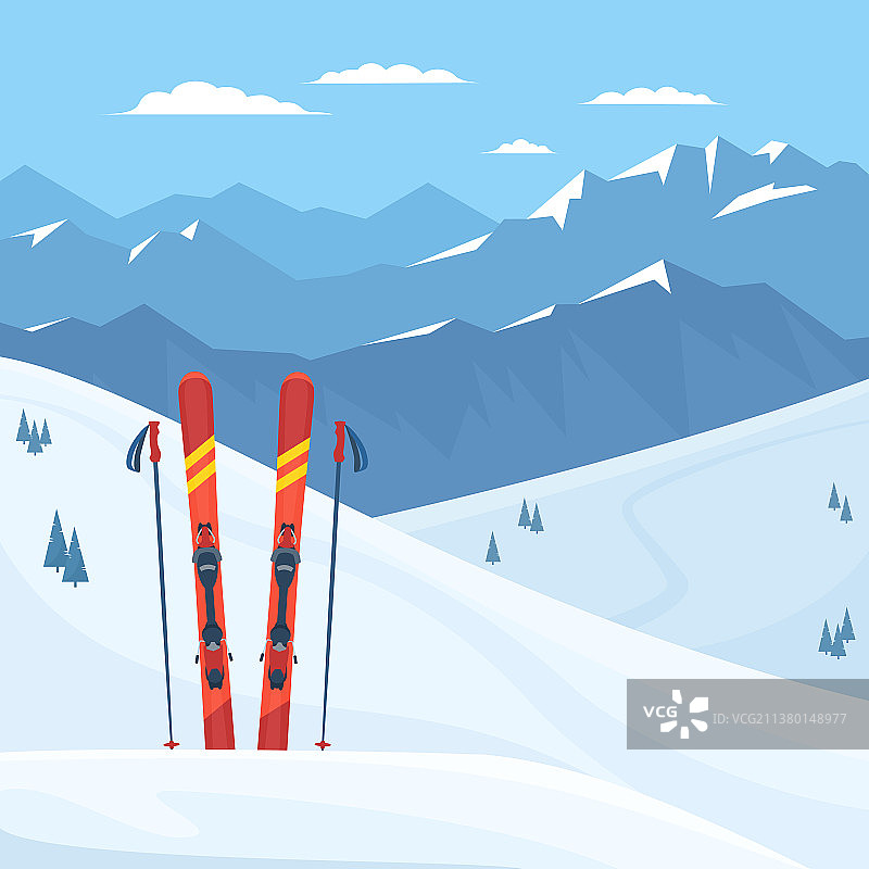 滑雪胜地的红色滑雪装备图片素材