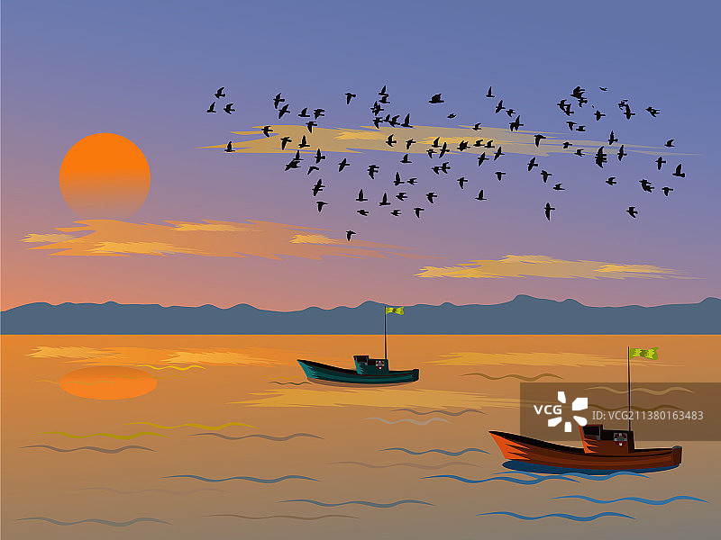 傍晚海上的渔船图片素材