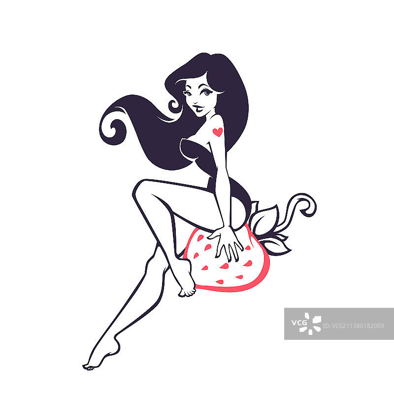 坐在红色上的草莓女孩图片素材