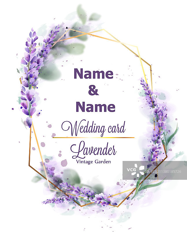 薰衣草花环水彩精致婚礼贺卡图片素材
