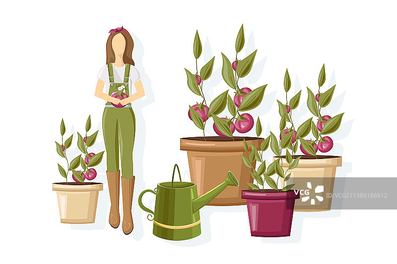 在温室扁平风格工作的女人图片素材