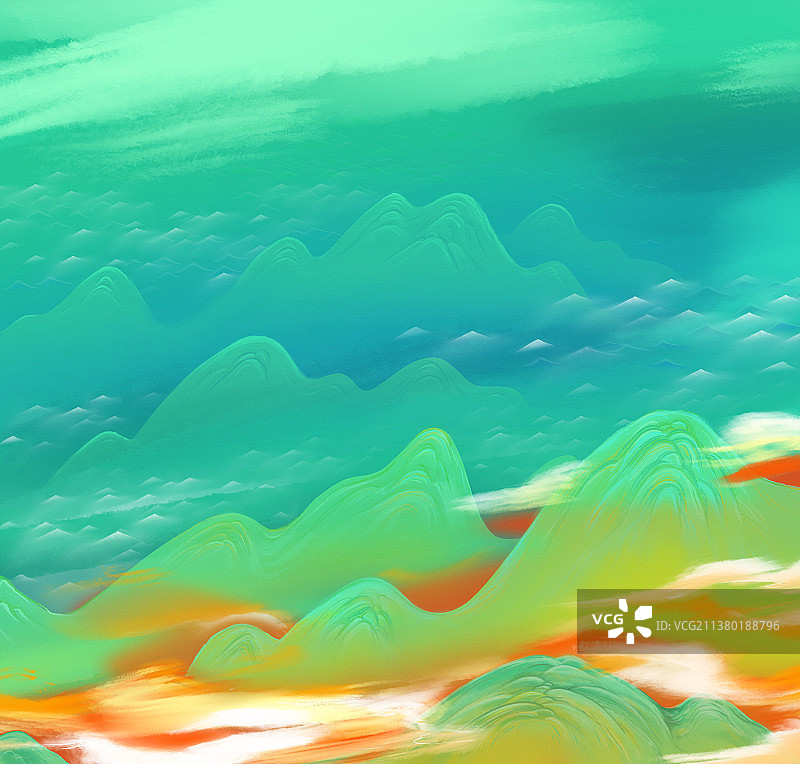 青绿山水古典国风水彩设计背景图片素材