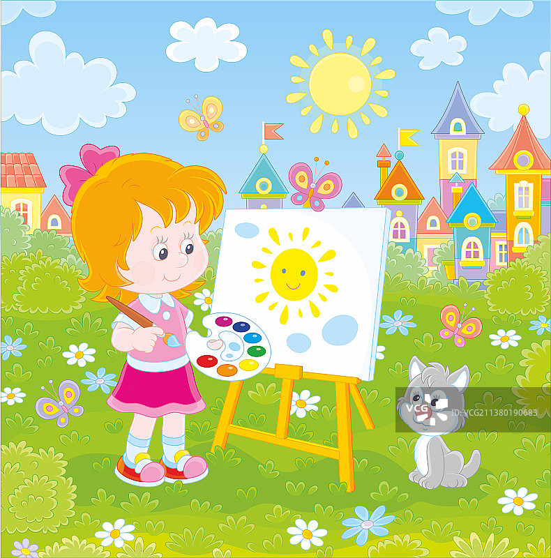 小女孩在画太阳和云彩图片素材