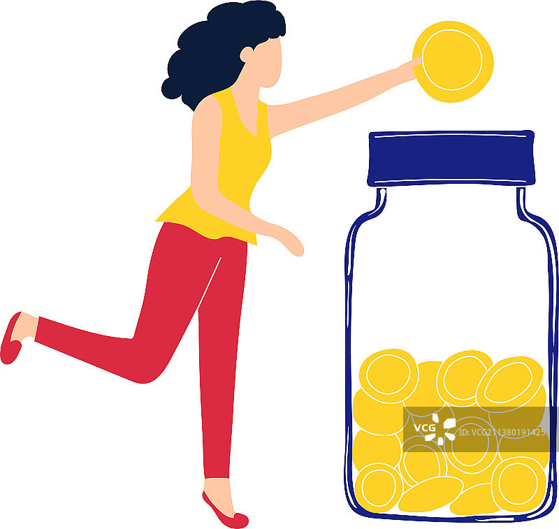女孩往储蓄罐里放硬币图片素材