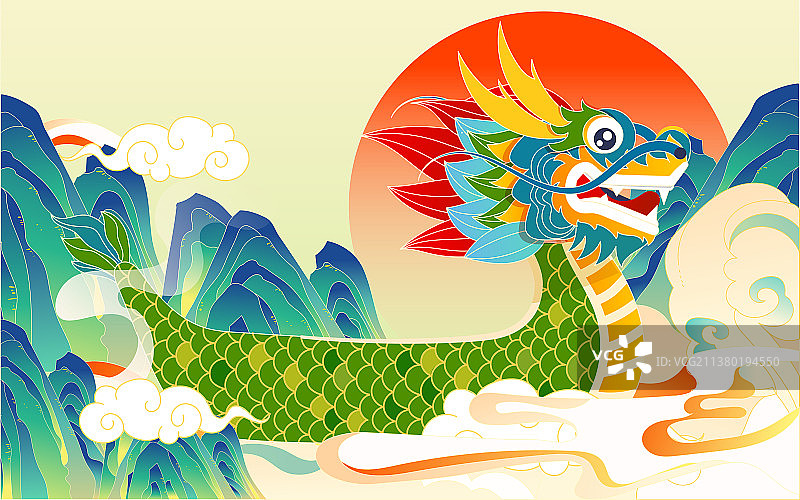 国潮端午节赛龙舟插画传统节日浪花龙船海报图片素材