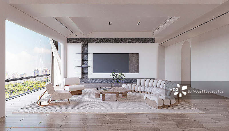 现代风格住宅内部客厅弧形沙发和电视背景墙图片素材