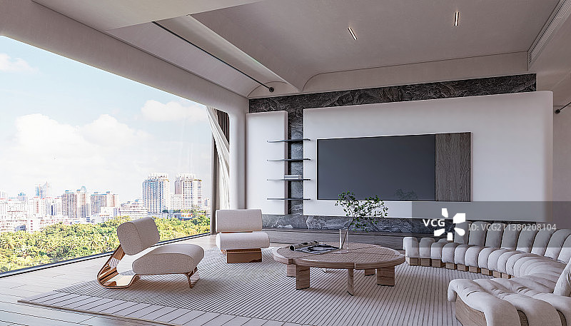 现代风格住宅内部客厅弧形沙发和电视背景墙图片素材