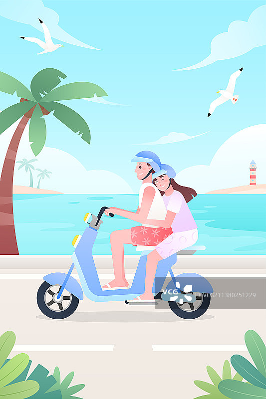 夏天海边公路骑电动车旅行的情侣浪漫插画图片素材
