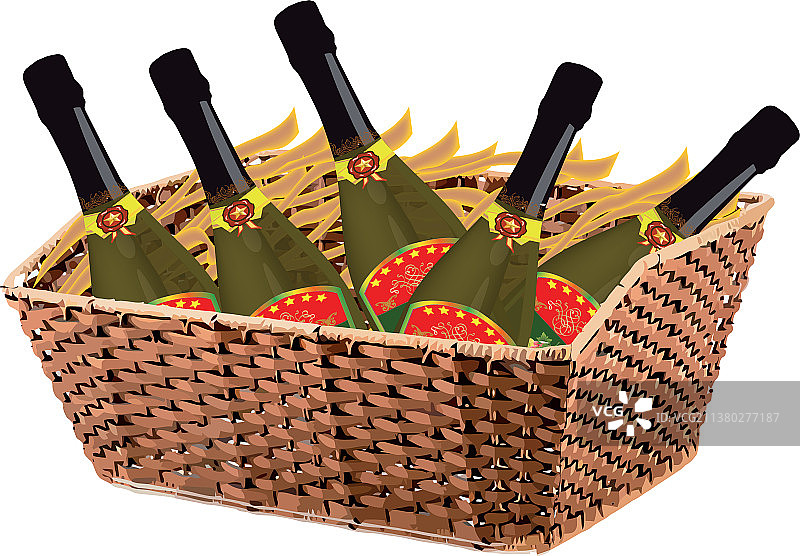 装满气泡酒瓶的礼品篮图片素材