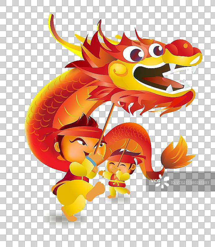 两个小孩子舞龙的矢量插画图片素材