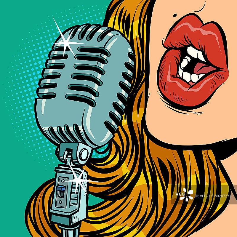 女人使用复古麦克风进行表演图片素材