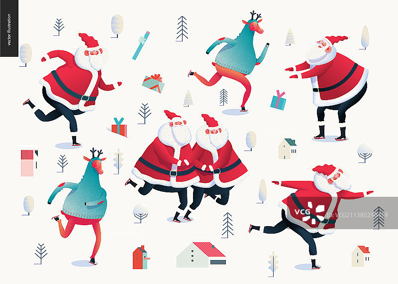 滑冰的圣诞老人和鹿 - 圣诞快乐图片素材