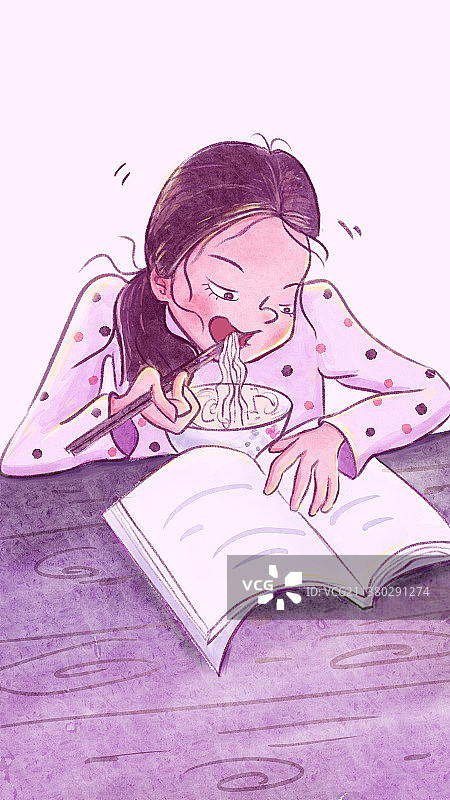 坐在桌边边吃面条边看书的女孩图片素材