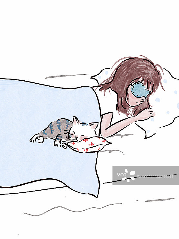 可爱的女孩和她的猫在睡觉图片素材