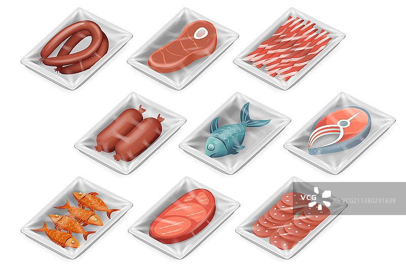 2.5D设计的一次性食品包装（肉、鱼、香肠）图片素材