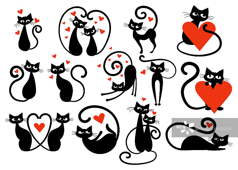 带爱心的黑猫图案套装图片素材