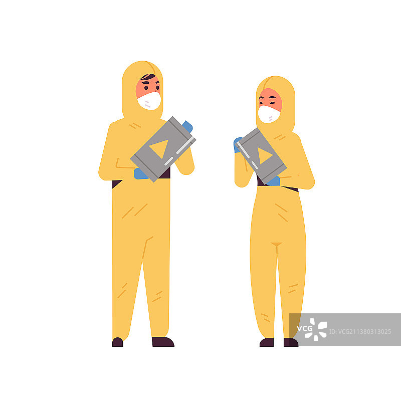 拿着带警告标志的桶的科学家夫妇图片素材