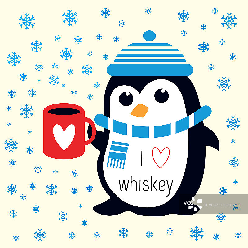 戴着蓝色帽子和围巾的可爱企鹅图片素材