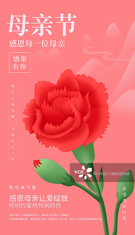 红色康乃馨新潮潮流插画海报模版，母亲节让爱绽放节日插画海报模版，束优雅的红色植物图纸盛开图片素材