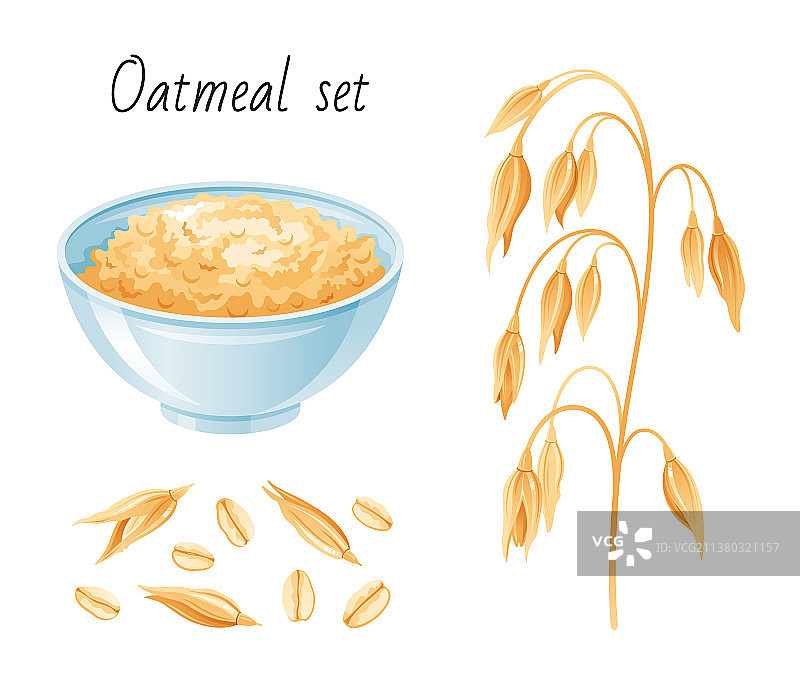燕麦片早餐套装：碗、燕麦、麦穗图片素材