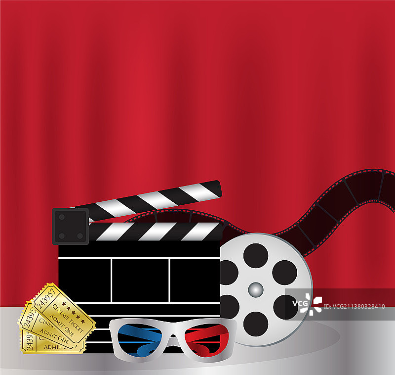 电影胶片、3D眼镜和电影票图片素材