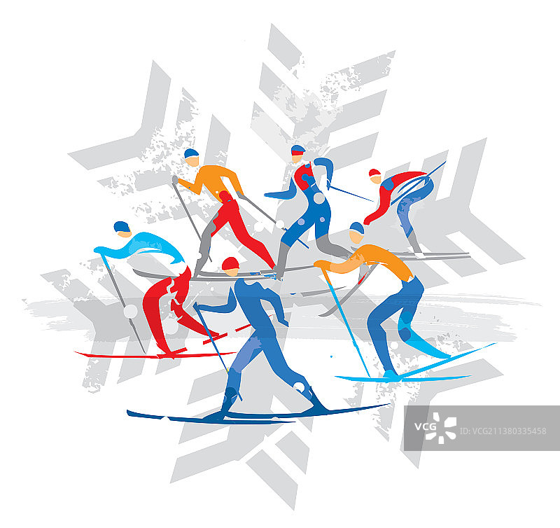 雪花符号上的越野滑雪运动员图片素材