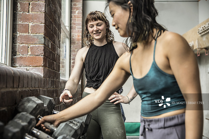 朋友们在健身房用哑铃锻炼图片素材