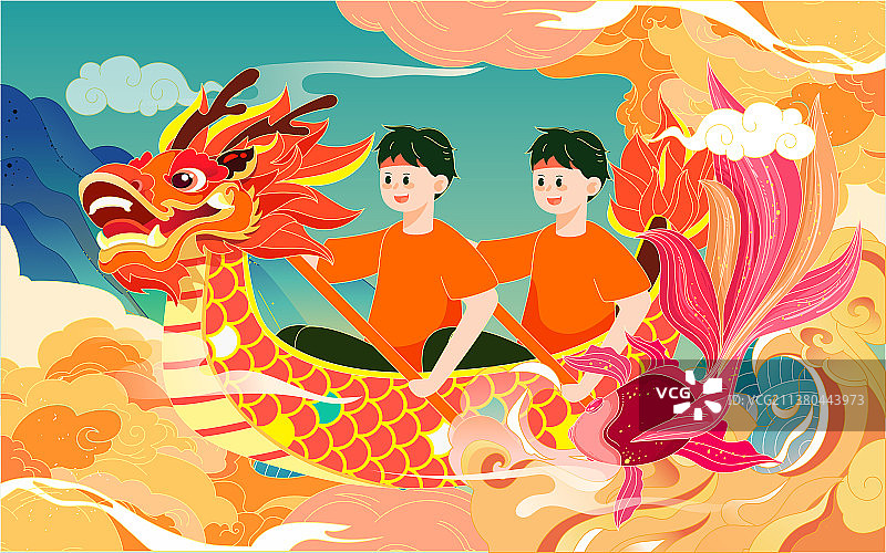 国潮端午节赛龙舟插画传统节日浪花龙船海报图片素材
