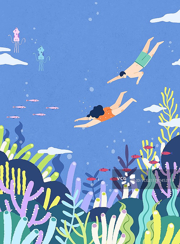 夏季清凉运动-深海潜水游泳的两个人图片素材