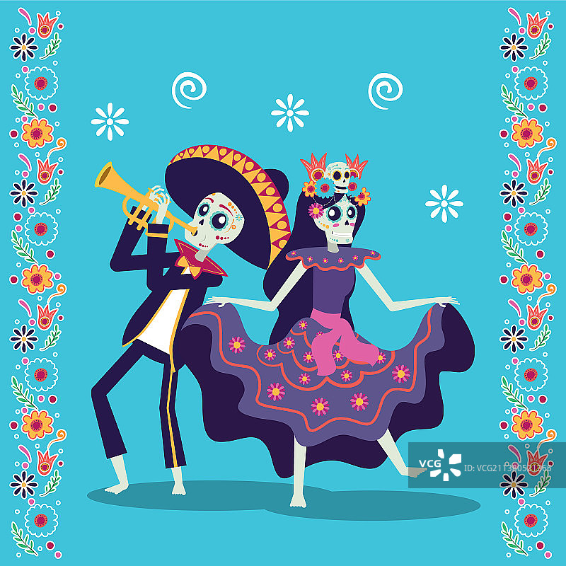 演奏墨西哥流浪音乐的亡灵节卡片图片素材