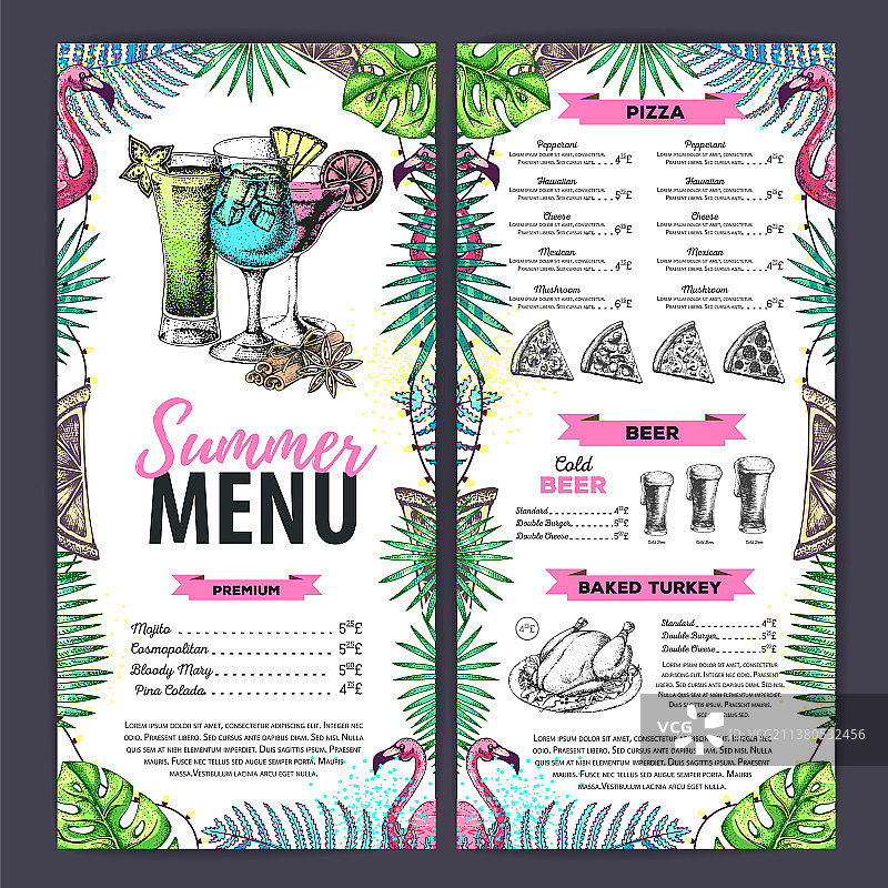 火烈鸟夏季菜单手绘设计图片素材