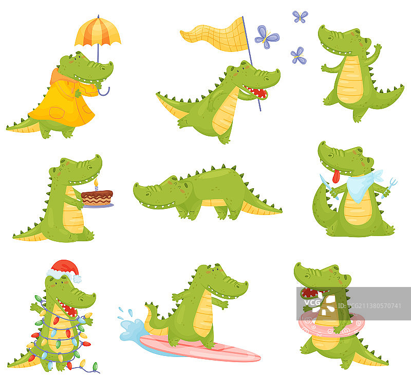 不同姿势的拟人化可爱鳄鱼图片素材