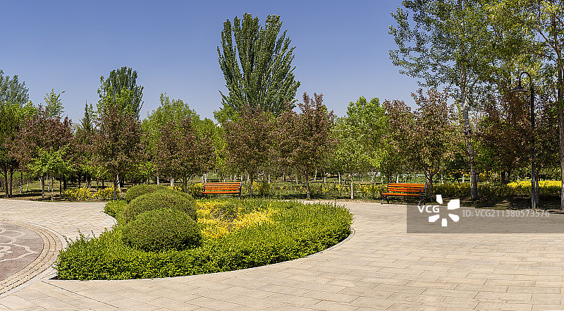 银川的春天—爱伊河畔小公园春景图片素材