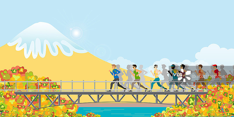 秋季桥梁上的马拉松跑者图片素材