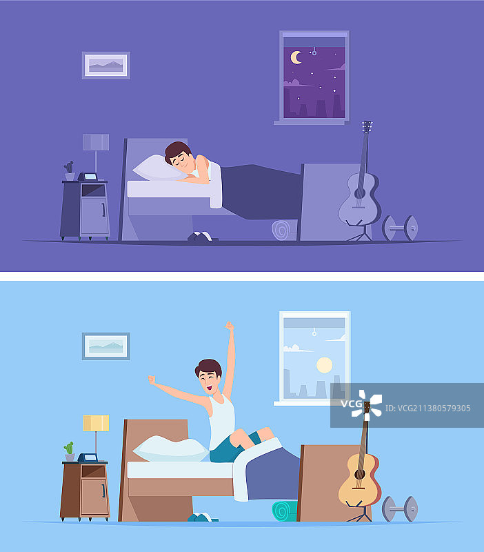 快乐的男人在早晨醒来图片素材