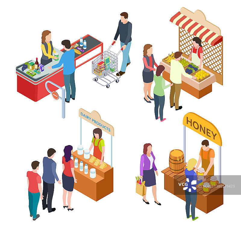 人们在2.5D农贸市场购买食物图片素材