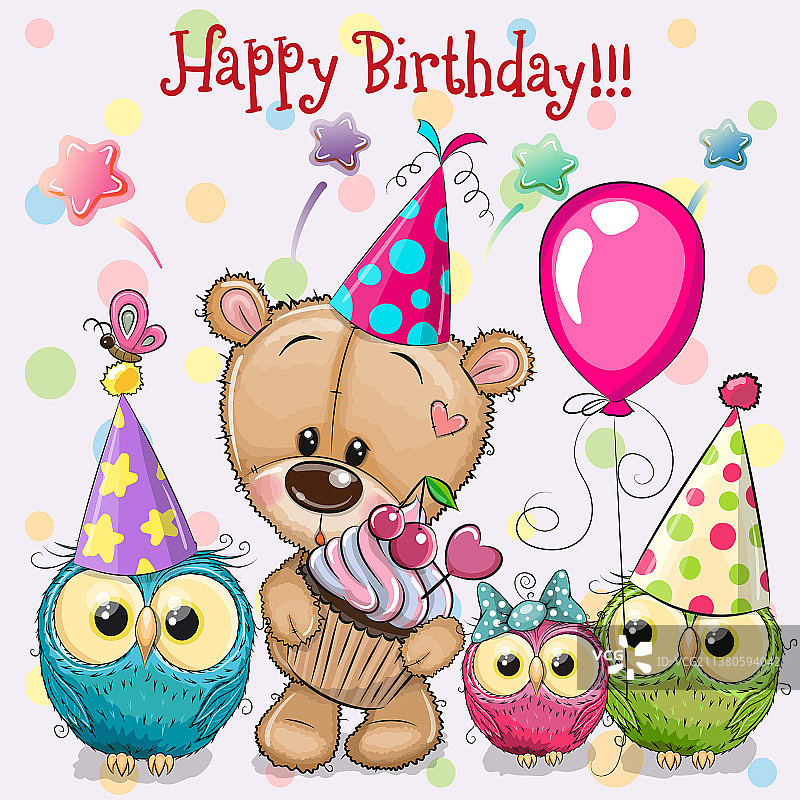 泰迪熊与猫头鹰、气球和帽子图片素材