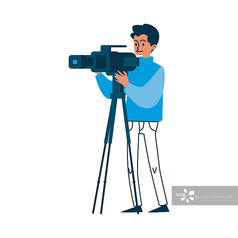 穿蓝色毛衣的摄像师手持摄像机图片素材